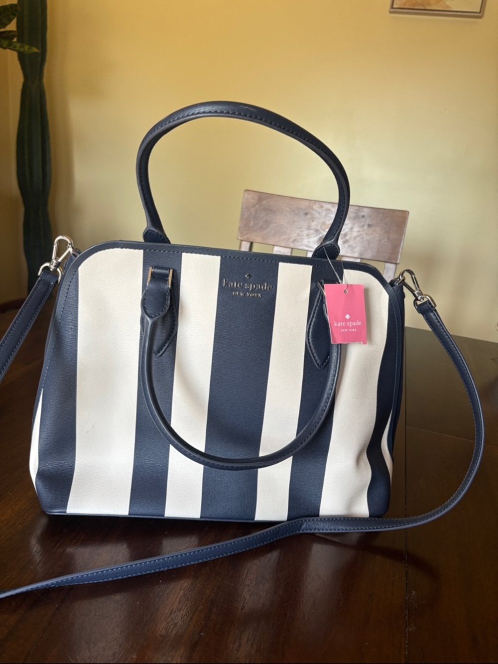kate spade Navy and White Vertical Stripe Satchel
